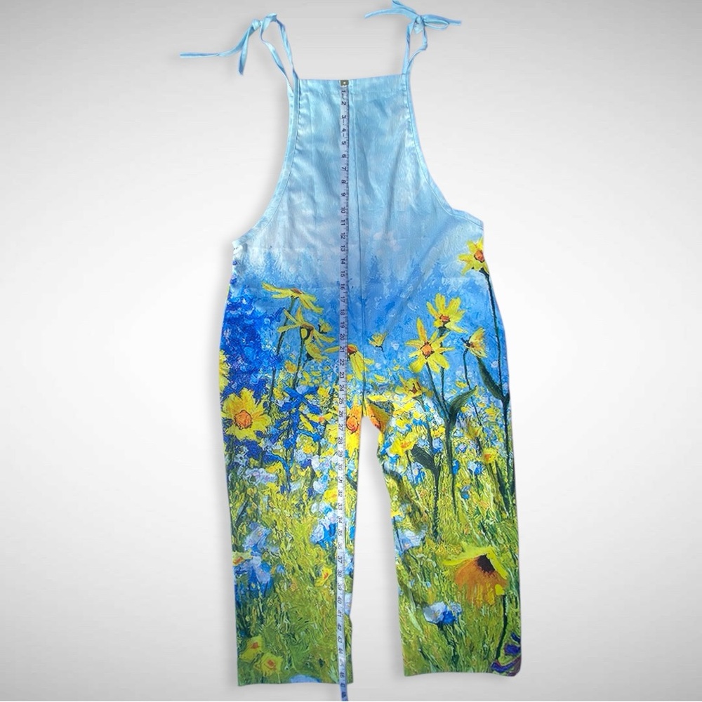 Graphic Floral Field Harem Jumpsuit Overalls Blue Sky Yellow Flowers Medium
